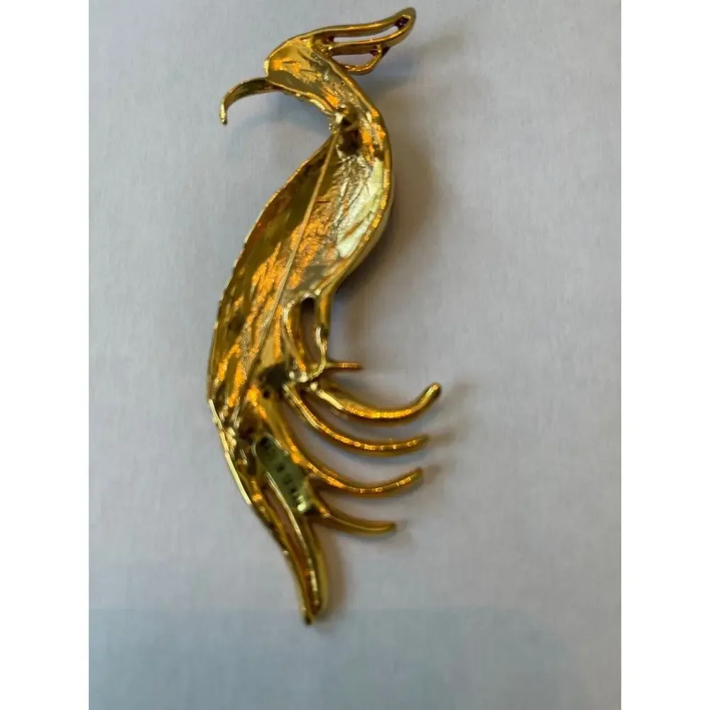 Gold Tone Red & Green Enamel Rhinestone Bird Peacock Brooch Pin Vintage Estate
